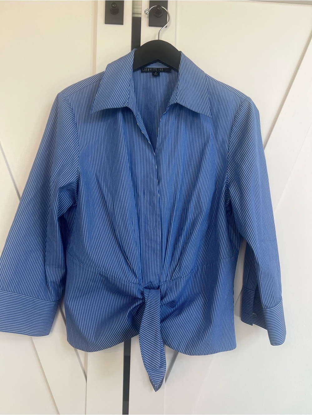 Lafayette 148 New York Blue Pinstripe Tie-Front Button Shirt